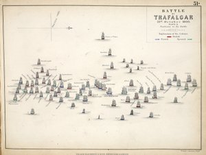 A trafalgari csata térképe, kiadó: William Blackwood and Sons, Edinburgh és London, 1848 (kézzel színezett metszet)